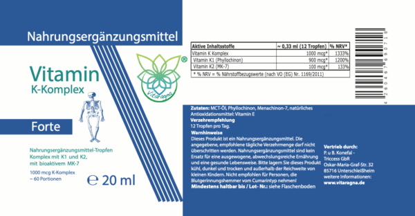 Vitamin K2 Forte Tropfen flüssig, K1 und K2 K-Komplex - Menaquinon MK7, hochdosiertes Liquid in MCT-Öl gelöst und bioaktiver MK-7-Form, 20 ml