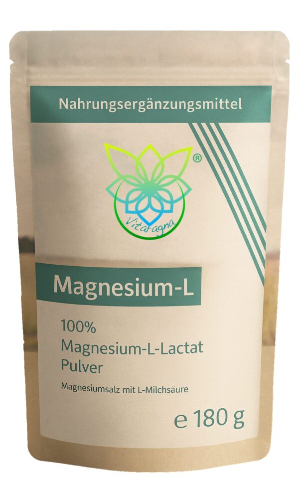 VITARAGNA® Magnesium L-Lactat Pulver, Magnesiumsalz mit L-Milchsäure, 180 g vollständig umgesetztes Magnesium als leicht lösliches Magnesiumlactat