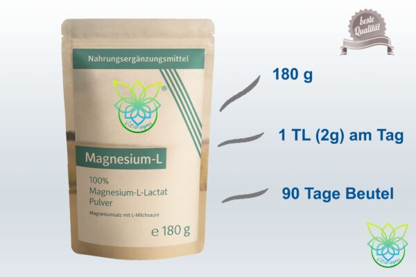 VITARAGNA® Magnesium L-Lactat Pulver, Magnesiumsalz mit L-Milchsäure, 180 g vollständig umgesetztes Magnesium als leicht lösliches Magnesiumlactat