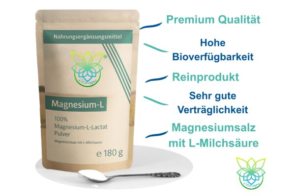 VITARAGNA® Magnesium L-Lactat Pulver, Magnesiumsalz mit L-Milchsäure, 180 g vollständig umgesetztes Magnesium als leicht lösliches Magnesiumlactat – Bild 3