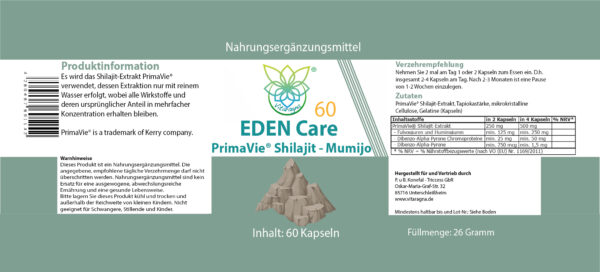 VITARAGNA® PrimaVie Shilajit Mumijo 60 Kapseln, Huminsäure und Fulvinsäure aus dem Himalaya - Extrakt ohne Zusatzstoffe wie Magnesiumstearat