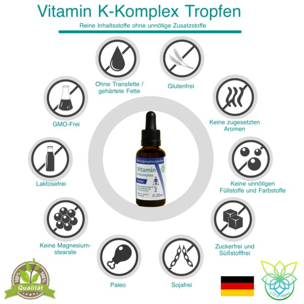 Vitamin K2 Forte Tropfen flüssig, K1 und K2 K-Komplex - Menaquinon MK7, hochdosiertes Liquid in MCT-Öl gelöst und bioaktiver MK-7-Form, 20 ml