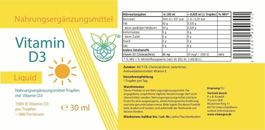 VITARAGNA® Vitamin D Tropfen flüssig, hochdosiertes Vitamin D3 Liquid mit 1000 I.E. je Tropfen