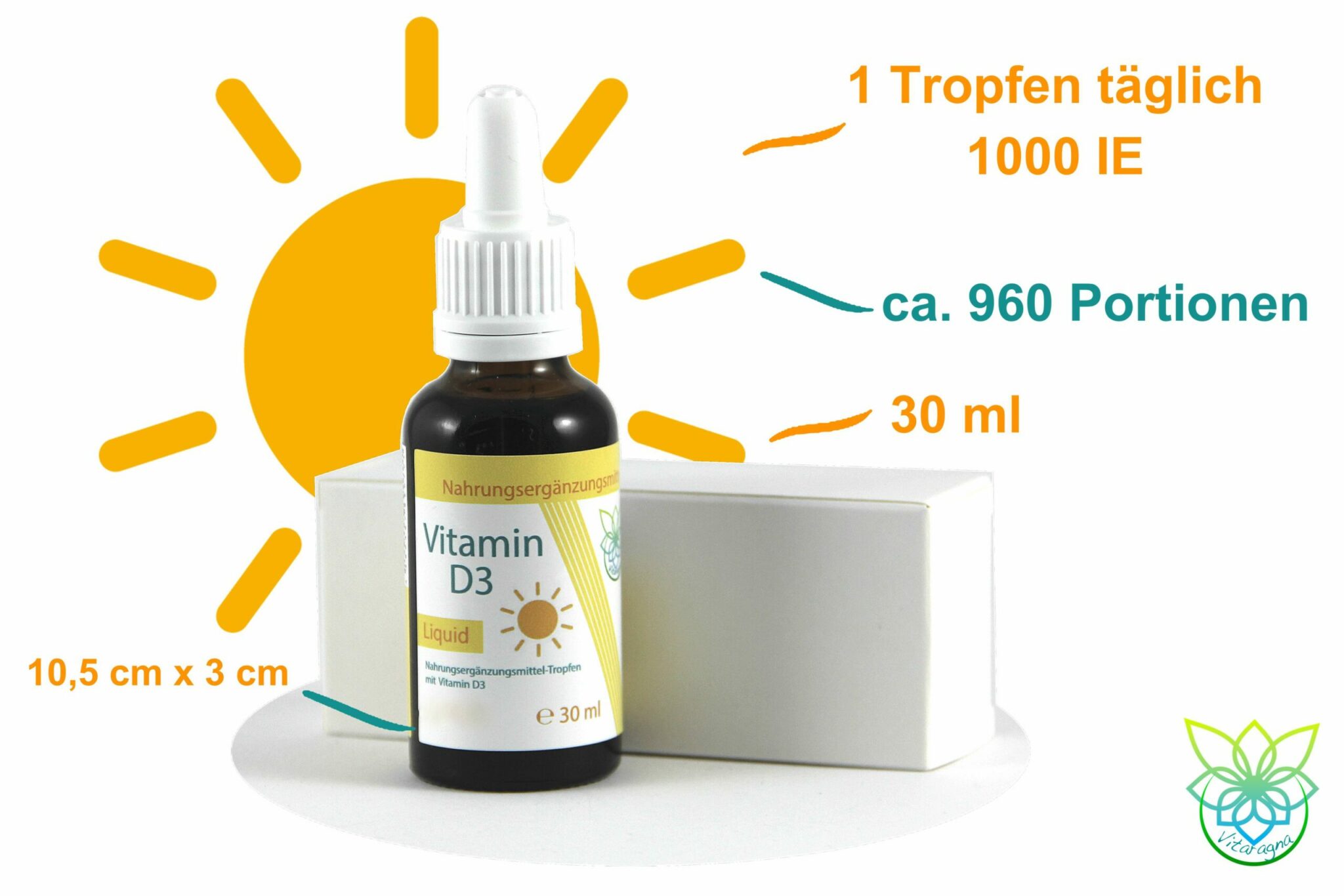 VITARAGNA® Vitamin D Tropfen flüssig, hochdosiertes Vitamin D3 Liquid mit 1000 I.E. je Tropfen