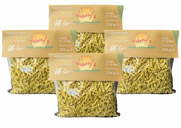 Nudelly's Quattro Millet vegane Pasta glutenfrei im 4er-Pack, Hirsemehl, vegane Nudeln als Fusilli, low-carb, vegan, sojafrei