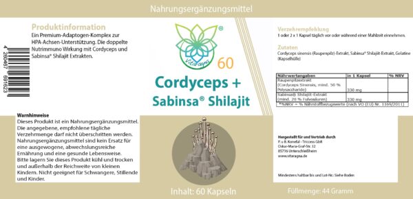 VITARAGNA CORDYCEPS Sabinsa® Shilajit Premium Adaptogene Komplex – Für eine ausgeglichene HPA-Achse – 60 Kapseln