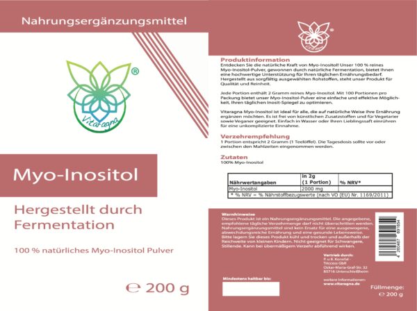 VITARAGNA Myo-Inositol Pulver – Inositol 100% natürlich, fermentiert, 200 g – hochwertig, vegan, ohne Zusätze – 100 Portionen