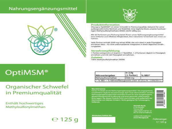 VITARAGNA OptiMSM® – Methylsulfonylmethan MSM Pulver 125g – 50 Portionen – Schwefel in Premiumqualität – Ohne Zusatzstoffe