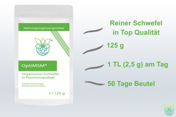 VITARAGNA OptiMSM® – Methylsulfonylmethan MSM Pulver 125g – 50 Portionen – Schwefel in Premiumqualität – Ohne Zusatzstoffe