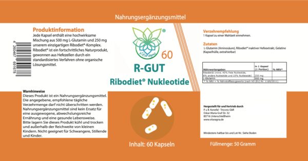 VITARAGNA R-GUT Ribodiet® Nukleotide – 60 Kapseln – Mit L-Glutamin und Nukleotiden – Ohne Zusatzstoffe – 50g