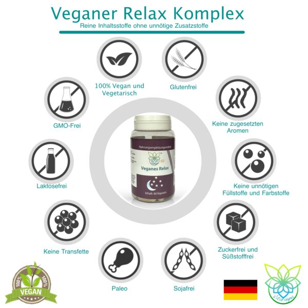 VITARAGNA Relax - Veganes Nahrungsergänzungsmittel, 60 Kapseln, mit Zitronenmelisse, Passionsblume, L-Theanin und GABA zur Entspannung