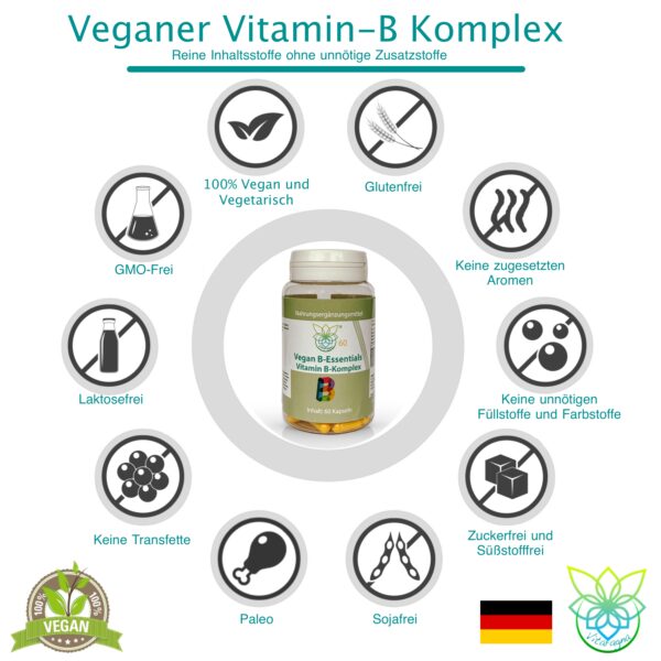 VITARAGNA Veganer Vitamin B-Komplex, 60 Kapseln, Vitamin B12, B1, B5, B6, B7, B9, Hochdosiert, Glutenfrei, Laktosefrei