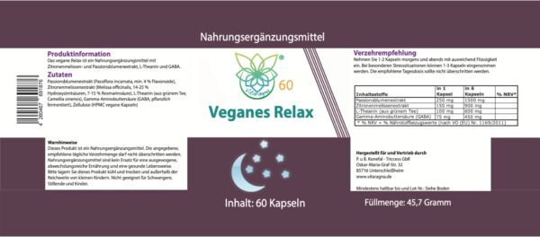 VITARAGNA Relax - Veganes Nahrungsergänzungsmittel, 60 Kapseln, mit Zitronenmelisse, Passionsblume, L-Theanin und GABA zur Entspannung