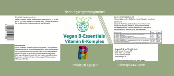 VITARAGNA Veganer Vitamin B-Komplex, 60 Kapseln, Vitamin B12, B1, B5, B6, B7, B9, Hochdosiert, Glutenfrei, Laktosefrei