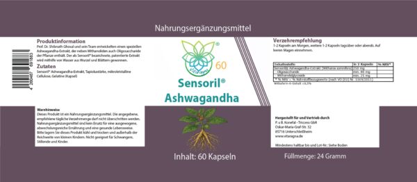 Vitaragna Sensoril® Ashwagandha - Withanolide - Patentierter Sensoril®-Extrakt aus Wurzel & Blatt - Adaptogen-Extrakt - 60 Kapseln