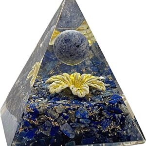 Blau-gelbe CHONIT Orgonit-Pyramide mit gelbem Blumensymbol und dunkler Kugel.