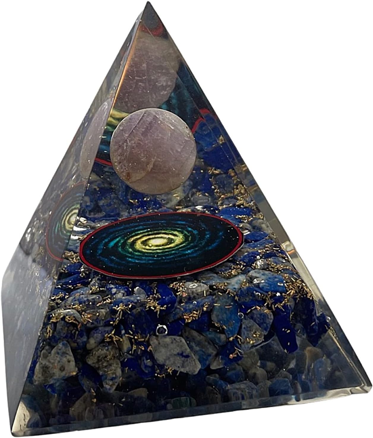Blaue CHONIT Orgonit-Pyramide mit Amethyst-Kugel, sichtbaren Steinen und Galaxy-Motiv.