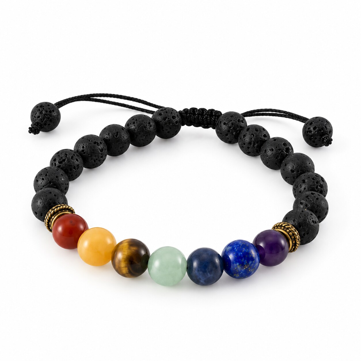 CHONIT Chakra-Armband mit bunten Perlen und schwarzer Kordel – Kordel und Verschluss, Studioaufnahme
