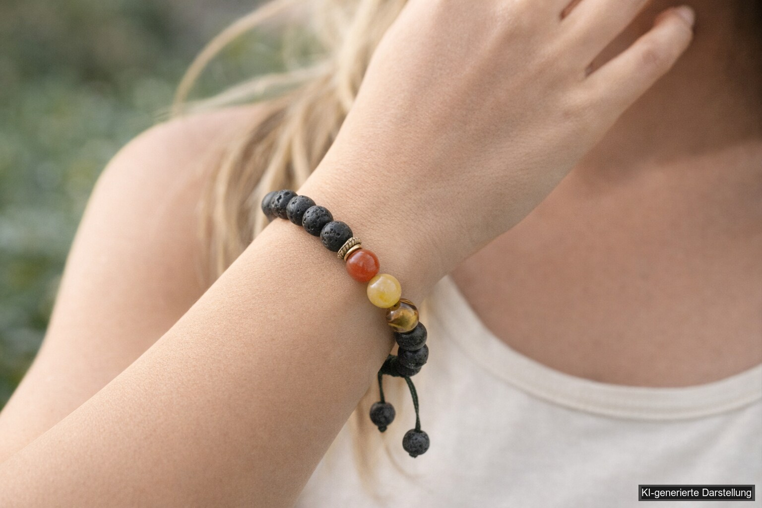CHONIT Chakra-Armband mit bunten Perlen und schwarzer Kordel – KI-generiertes Tragebeispiel