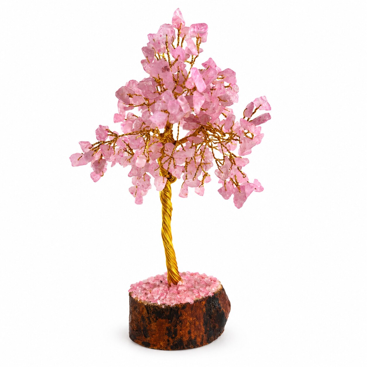 CHONIT Deko-Baum mit rosa Steinblättchen und goldfarbenem Draht – Seitenansicht, Studioaufnahme