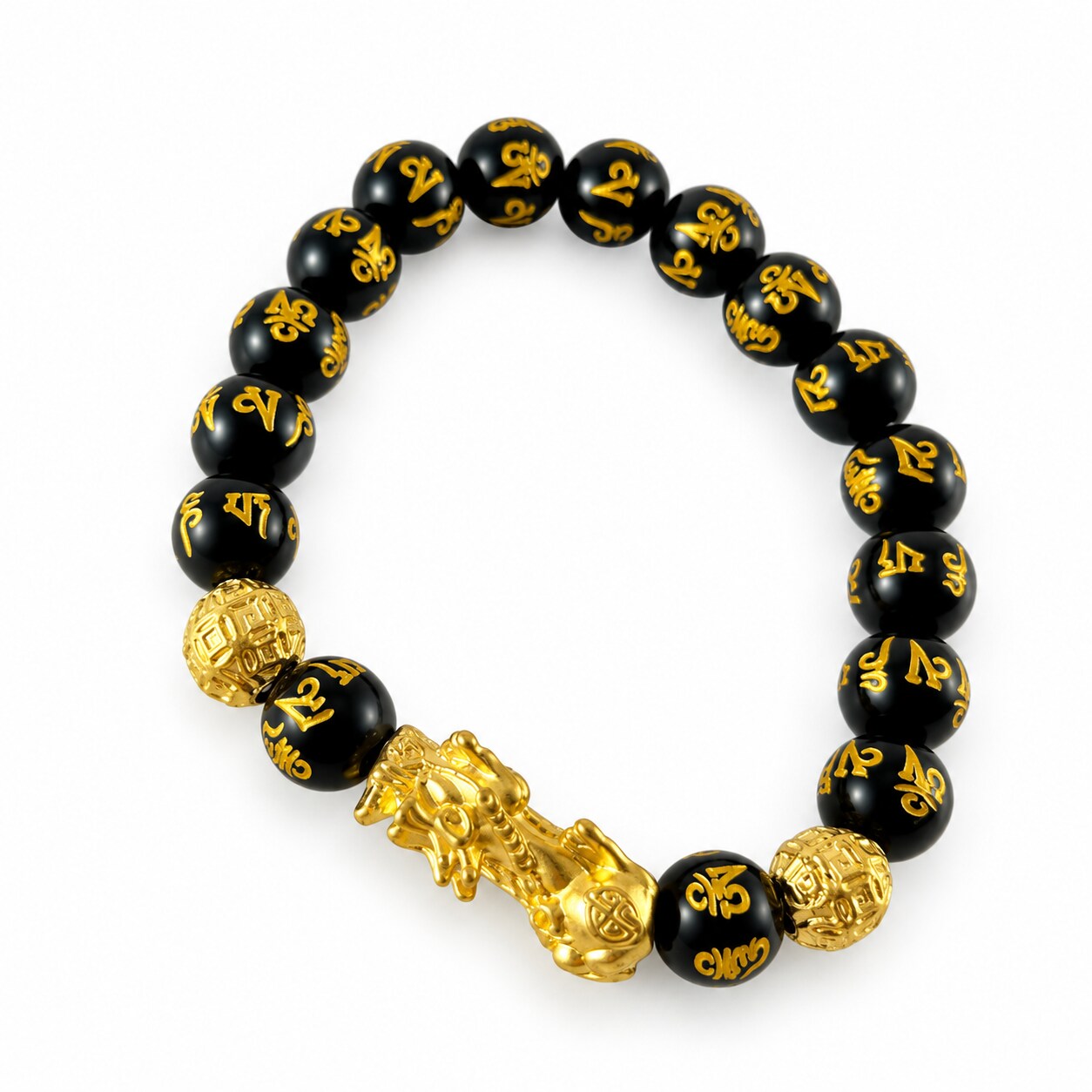 CHONIT Schwarz-goldfarbenes Perlenarmband mit Pixiu-Motiv – Pixiu-Motiv und goldfarbene Perlen, Studioaufnahme