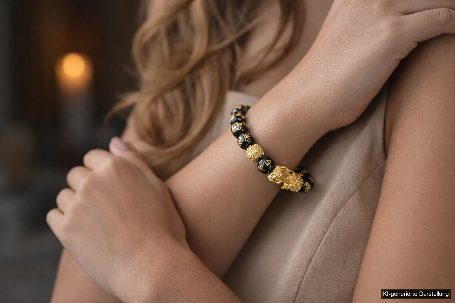 CHONIT Schwarz-goldfarbenes Perlenarmband mit Pixiu-Motiv – KI-generiertes Tragebeispiel