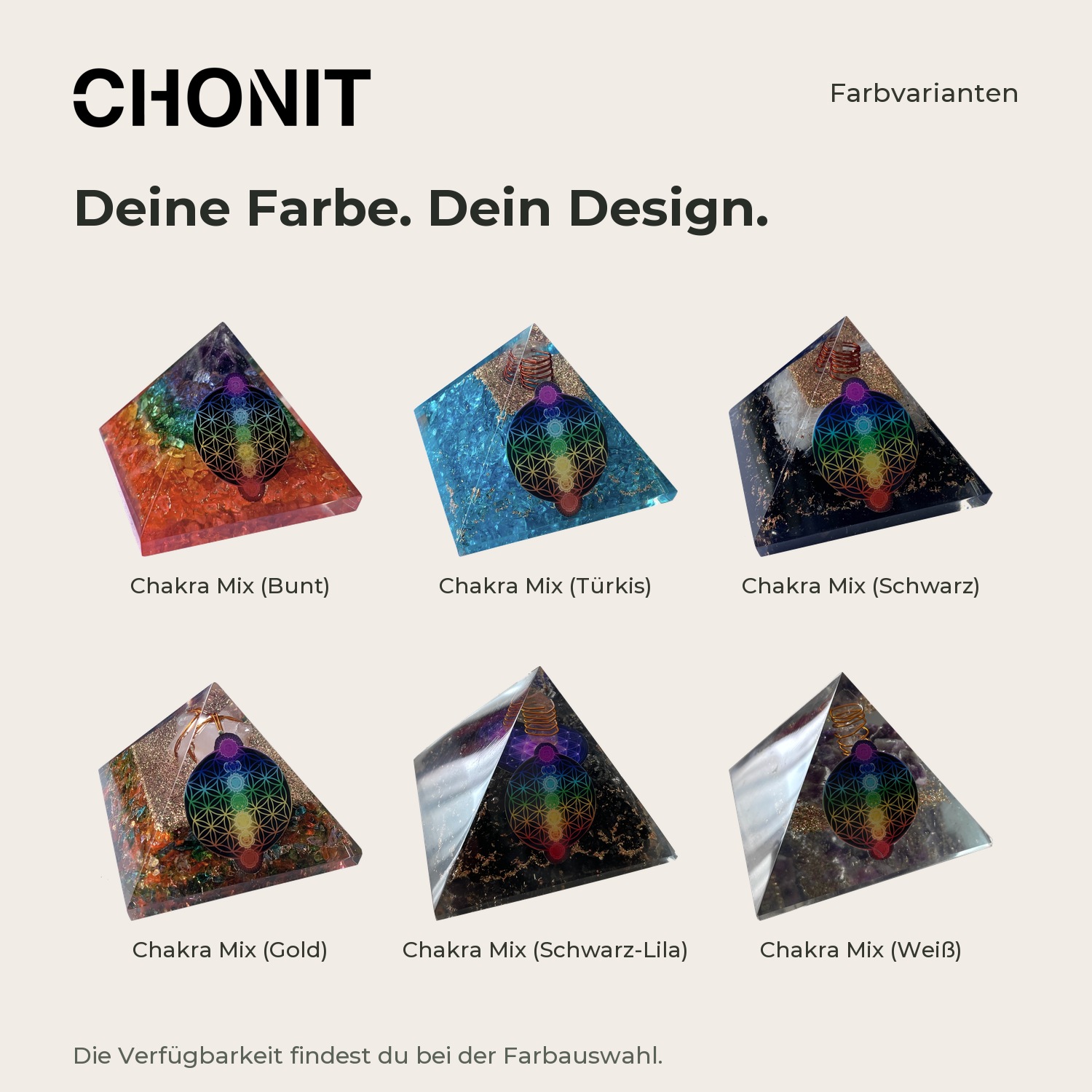 CHONIT Orgonit-Pyramide „Blume des Lebens“, klein – Übersicht der Farbvarianten