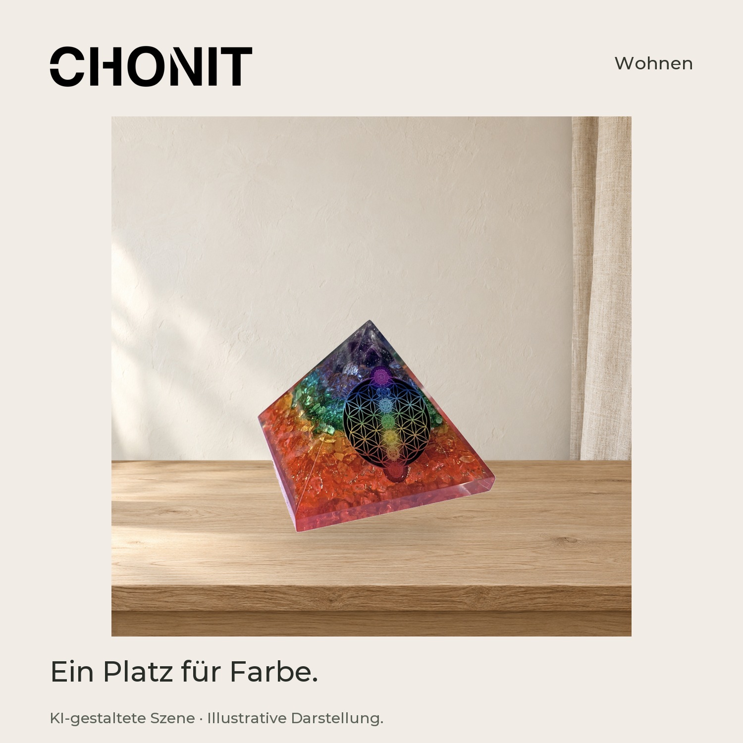 CHONIT Orgonit-Pyramide „Blume des Lebens“, klein – in einer gestalteten Wohn- oder Studioszene