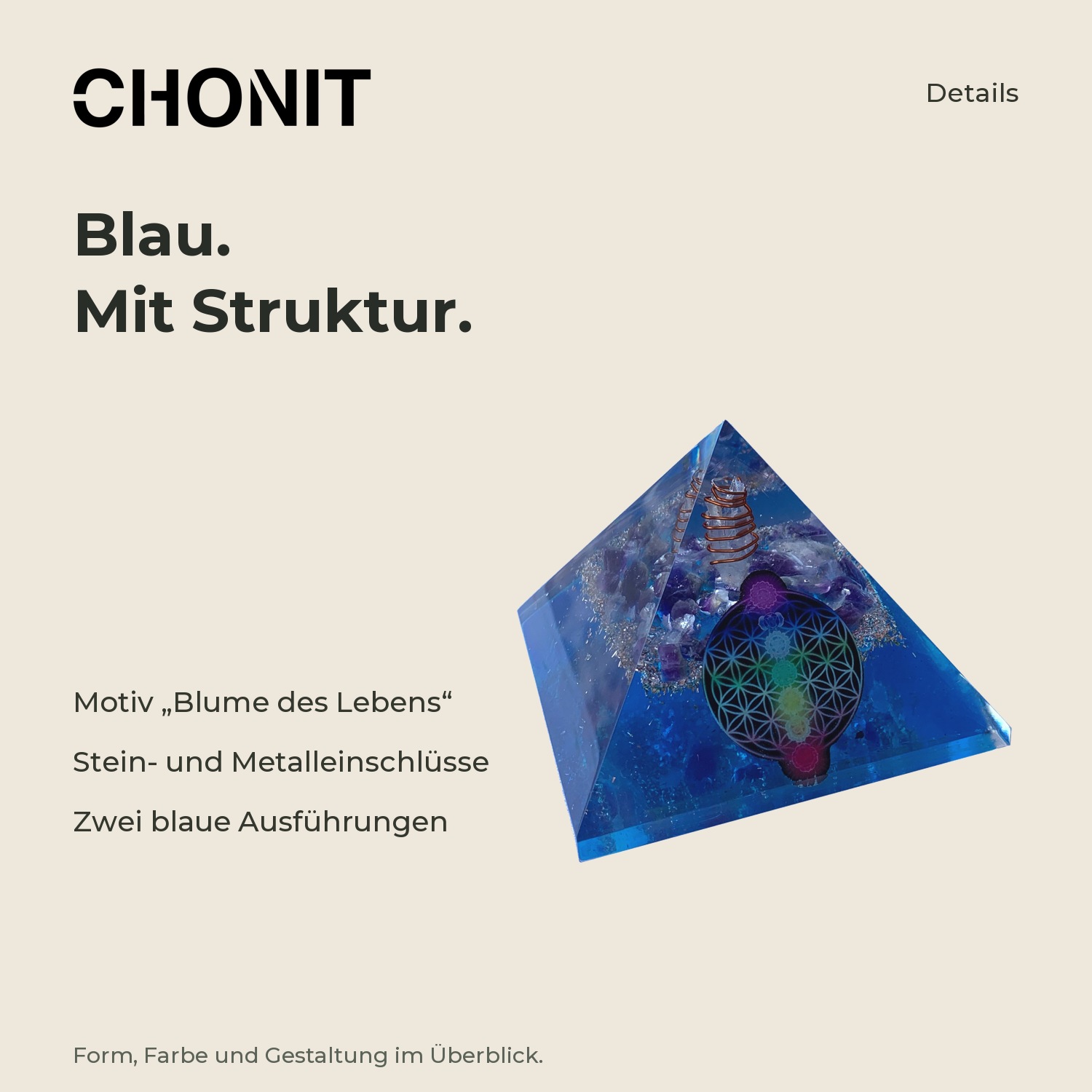 CHONIT Orgonit-Pyramide „Blume des Lebens“, groß – Produktdetails im CHONIT-Design