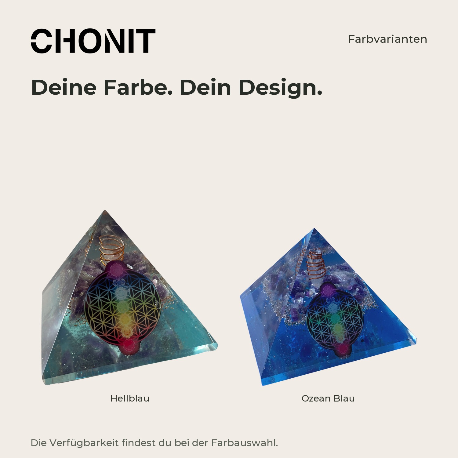 CHONIT Orgonit-Pyramide „Blume des Lebens“, groß – Übersicht der Farbvarianten