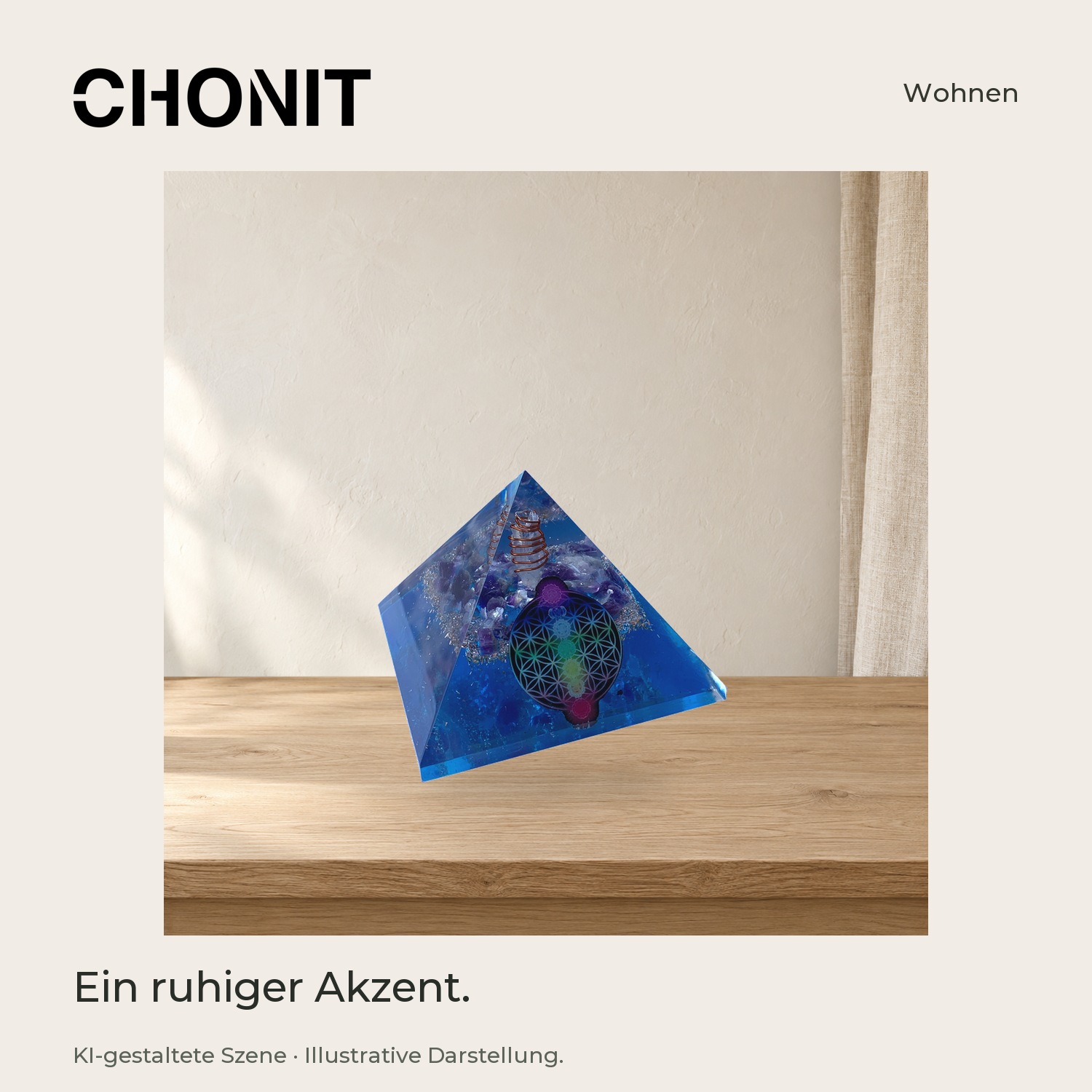 CHONIT Orgonit-Pyramide „Blume des Lebens“, groß – in einer gestalteten Wohn- oder Studioszene