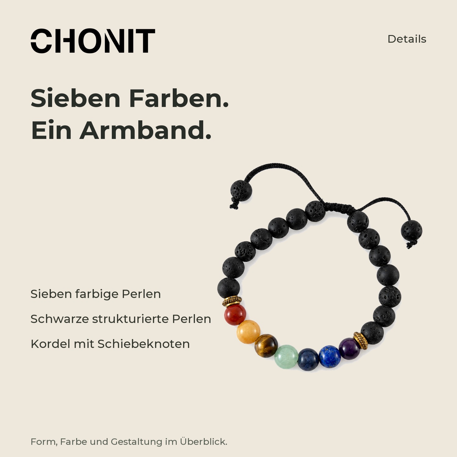 CHONIT Chakra-Armband mit bunten Perlen und schwarzer Kordel – Produktdetails im CHONIT-Design