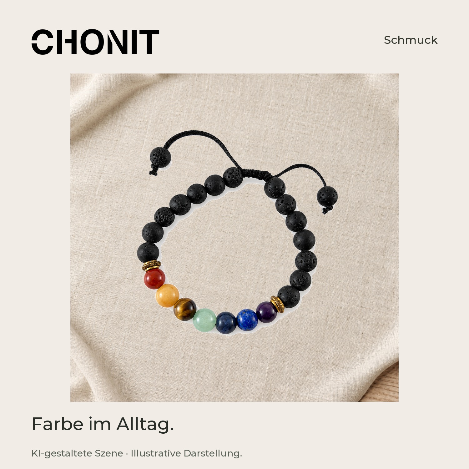 CHONIT Chakra-Armband mit bunten Perlen und schwarzer Kordel – in einer gestalteten Wohn- oder Studioszene