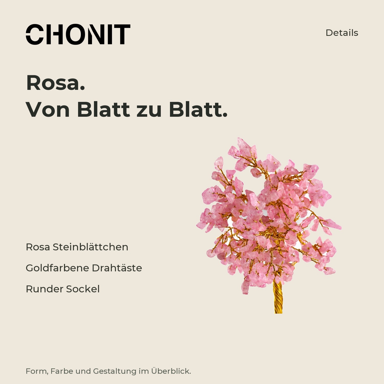 CHONIT Deko-Baum mit rosa Steinblättchen und goldfarbenem Draht – Produktdetails im CHONIT-Design