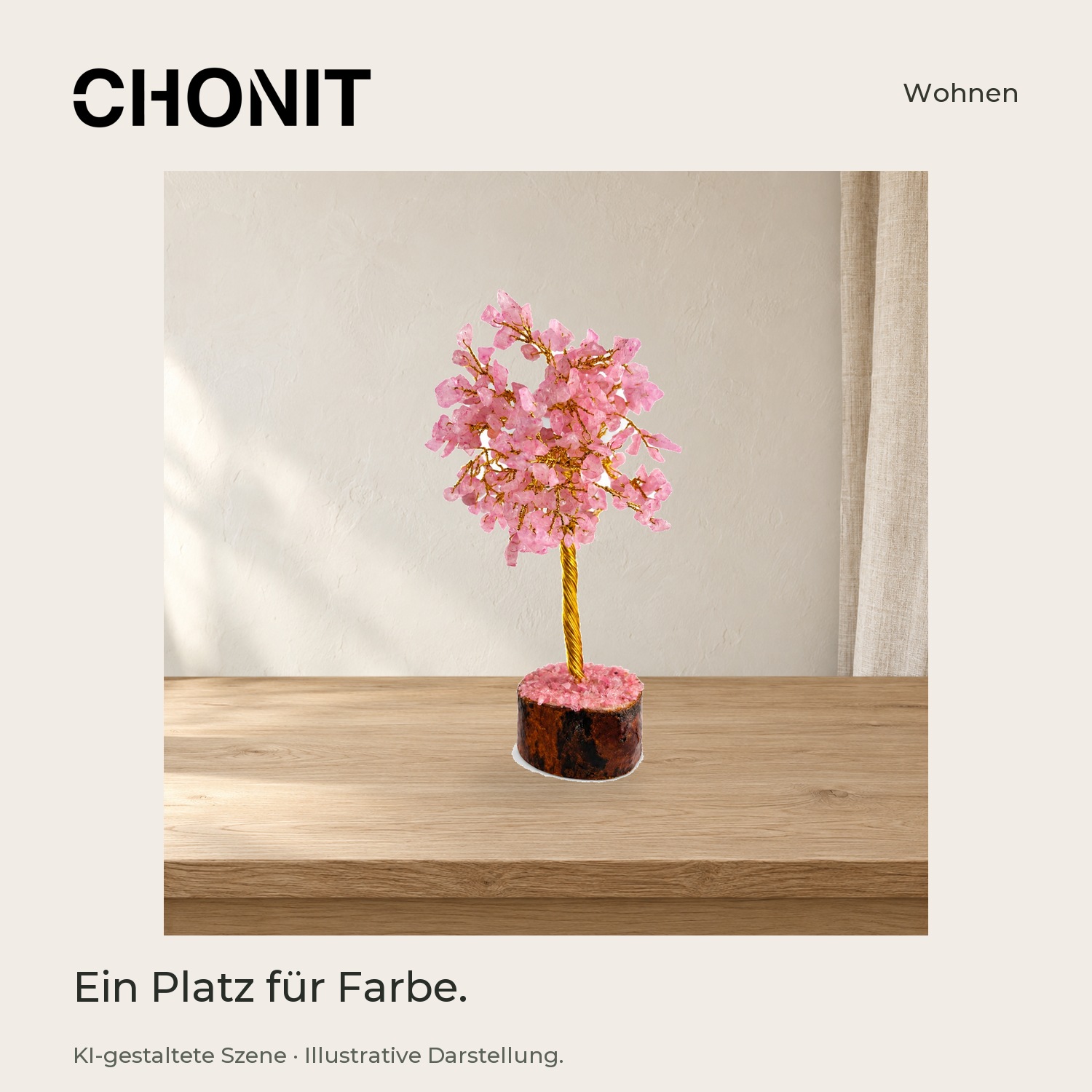 CHONIT Deko-Baum mit rosa Steinblättchen und goldfarbenem Draht – in einer gestalteten Wohn- oder Studioszene