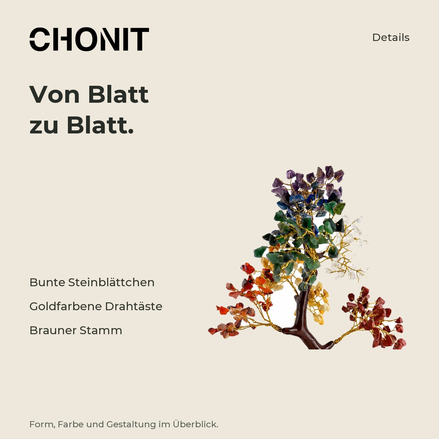 CHONIT Deko-Baum mit bunten Steinblättchen und braunem Stamm – Produktdetails im CHONIT-Design