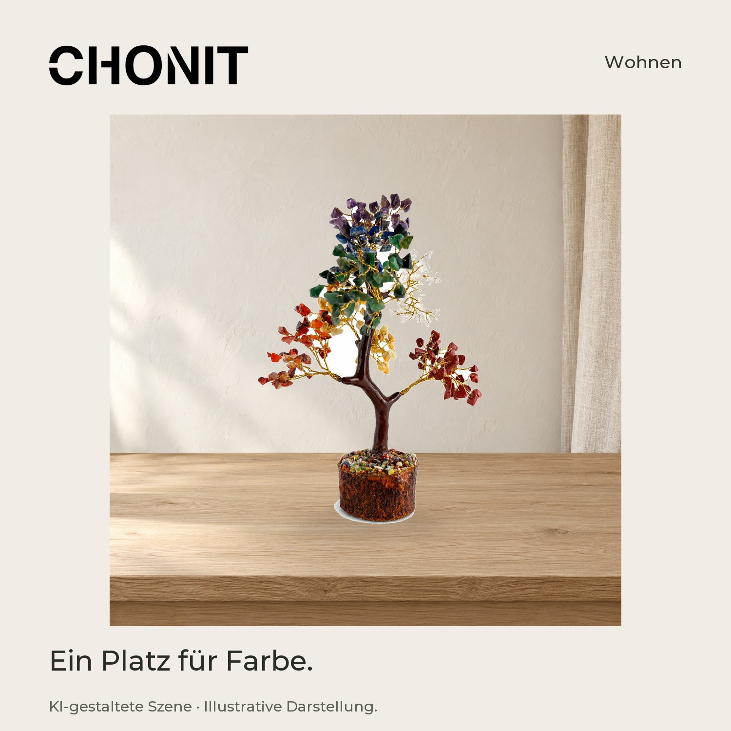 CHONIT Deko-Baum mit bunten Steinblättchen und braunem Stamm – in einer gestalteten Wohn- oder Studioszene