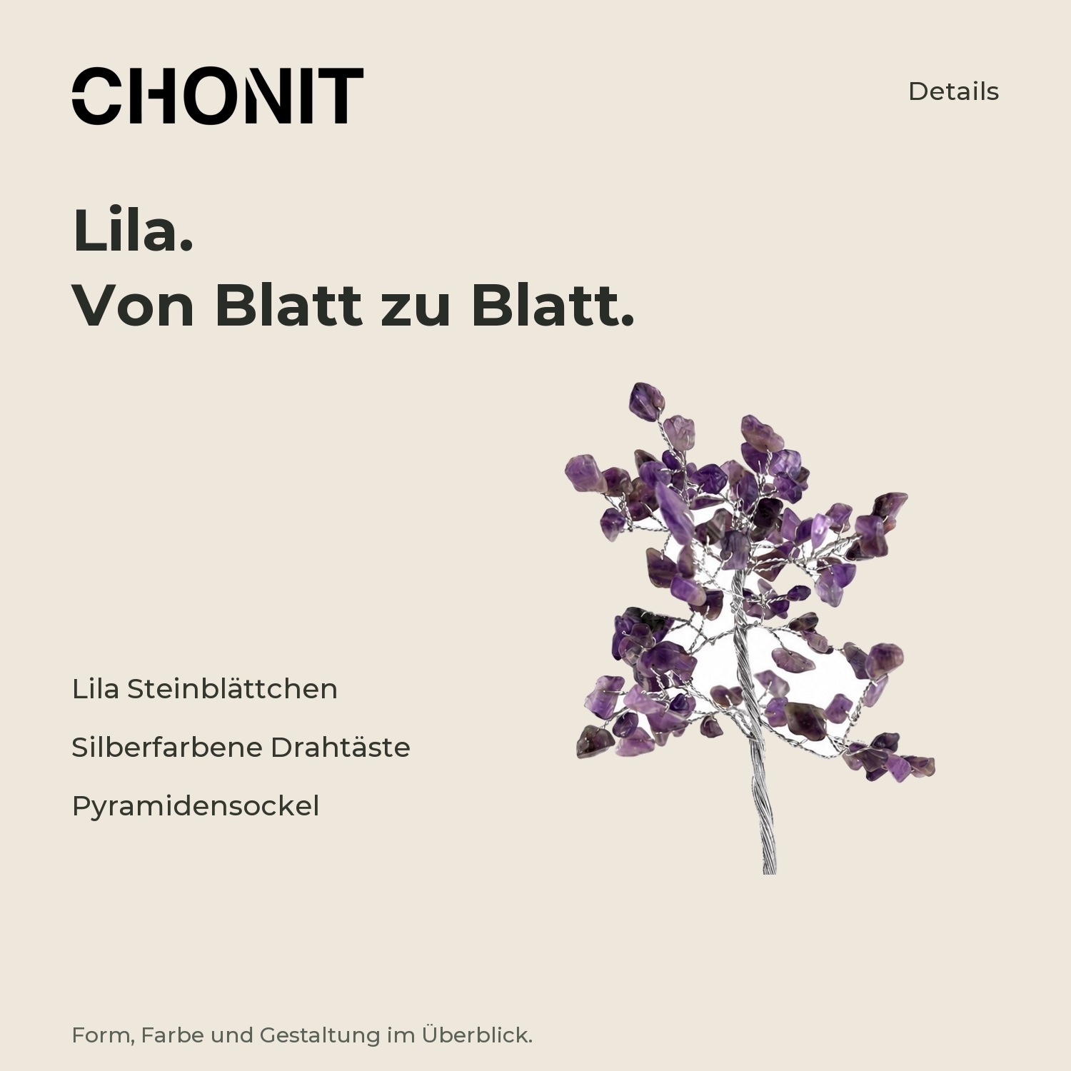 CHONIT Deko-Baum mit lila Steinblättchen auf Pyramidensockel – Produktdetails im CHONIT-Design