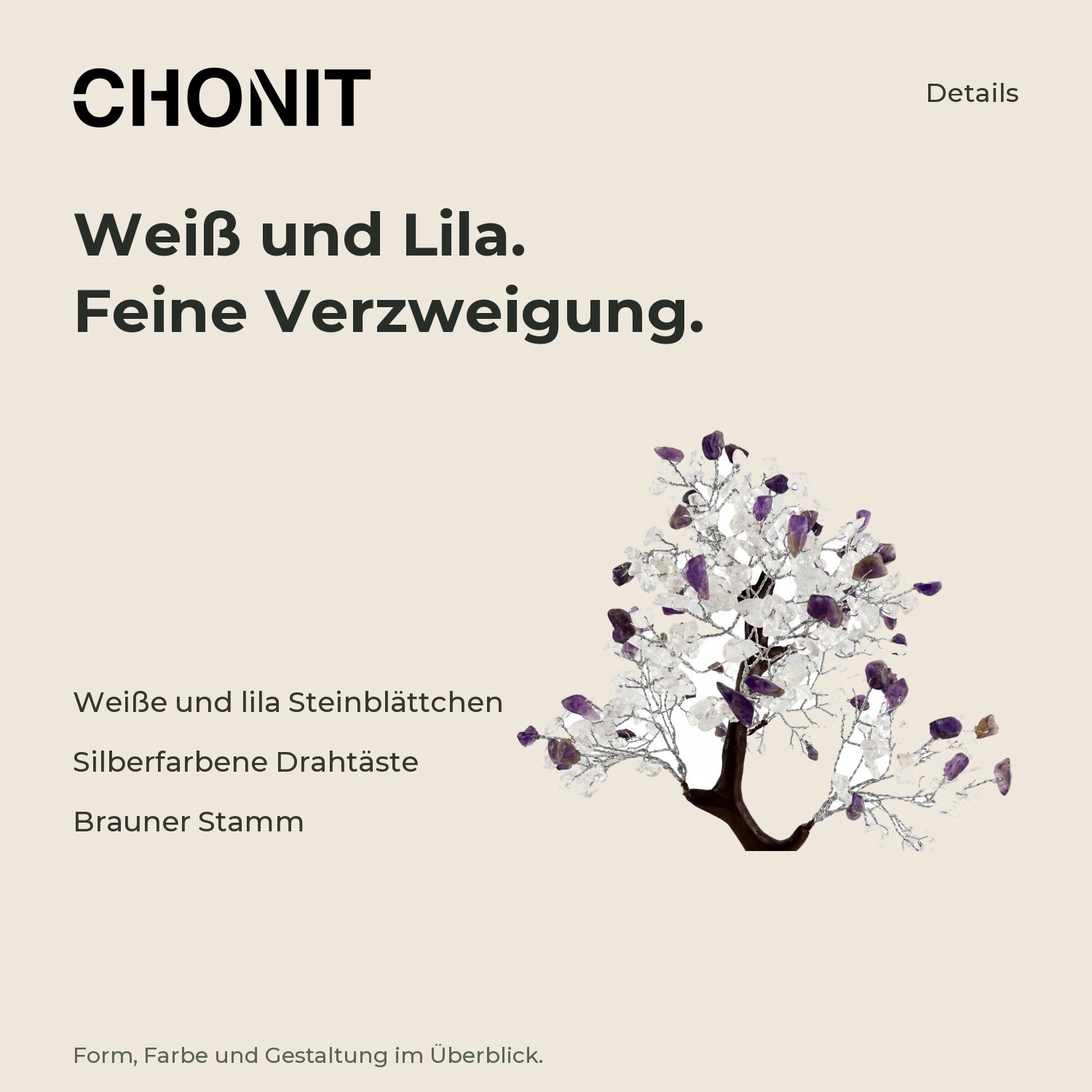 CHONIT Deko-Baum mit weißen und lila Steinblättchen – Produktdetails im CHONIT-Design