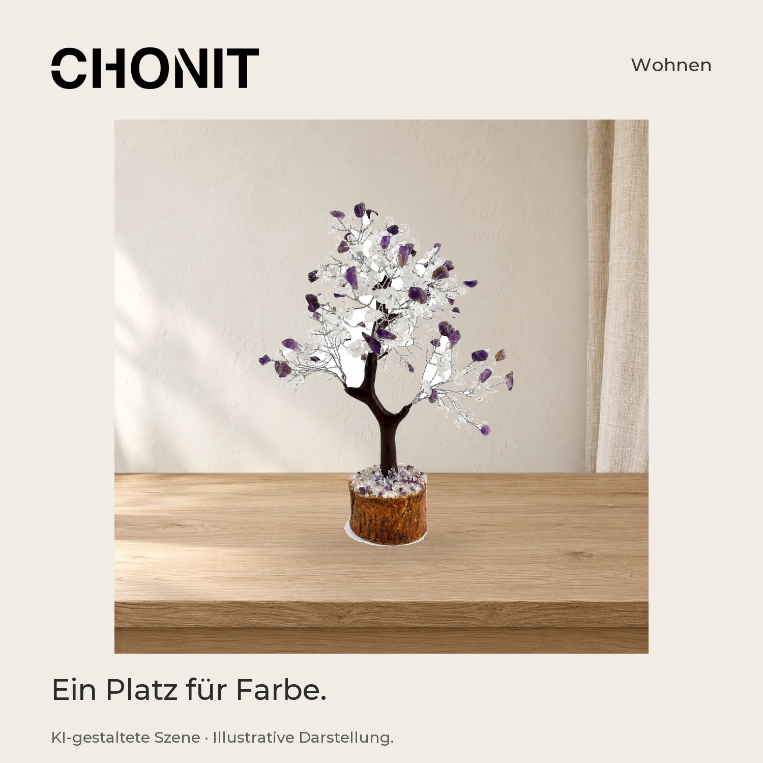 CHONIT Deko-Baum mit weißen und lila Steinblättchen – in einer gestalteten Wohn- oder Studioszene