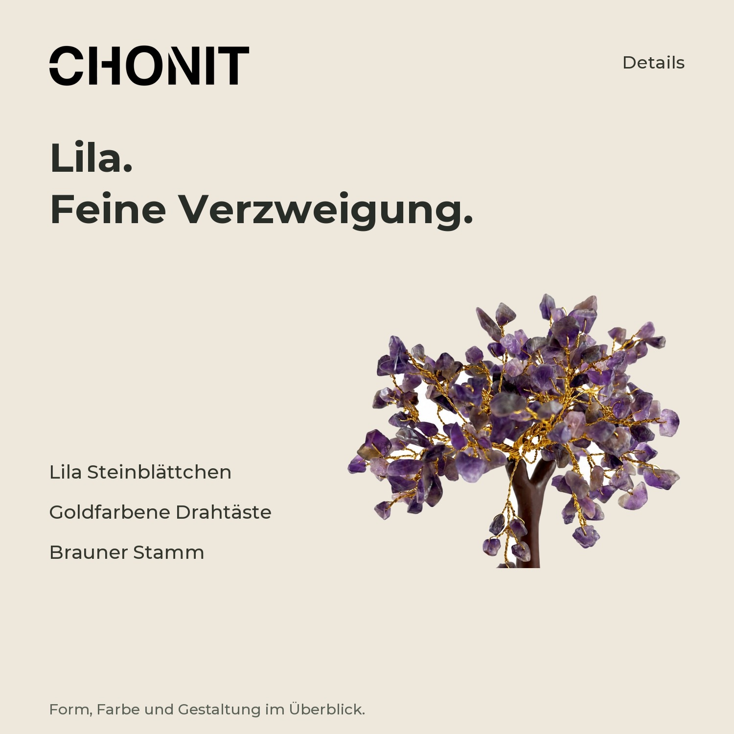 CHONIT Deko-Baum mit lila Steinblättchen und goldfarbenen Ästen – Produktdetails im CHONIT-Design