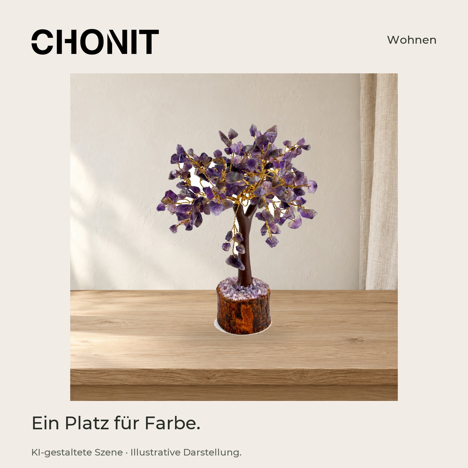 CHONIT Deko-Baum mit lila Steinblättchen und goldfarbenen Ästen – in einer gestalteten Wohn- oder Studioszene