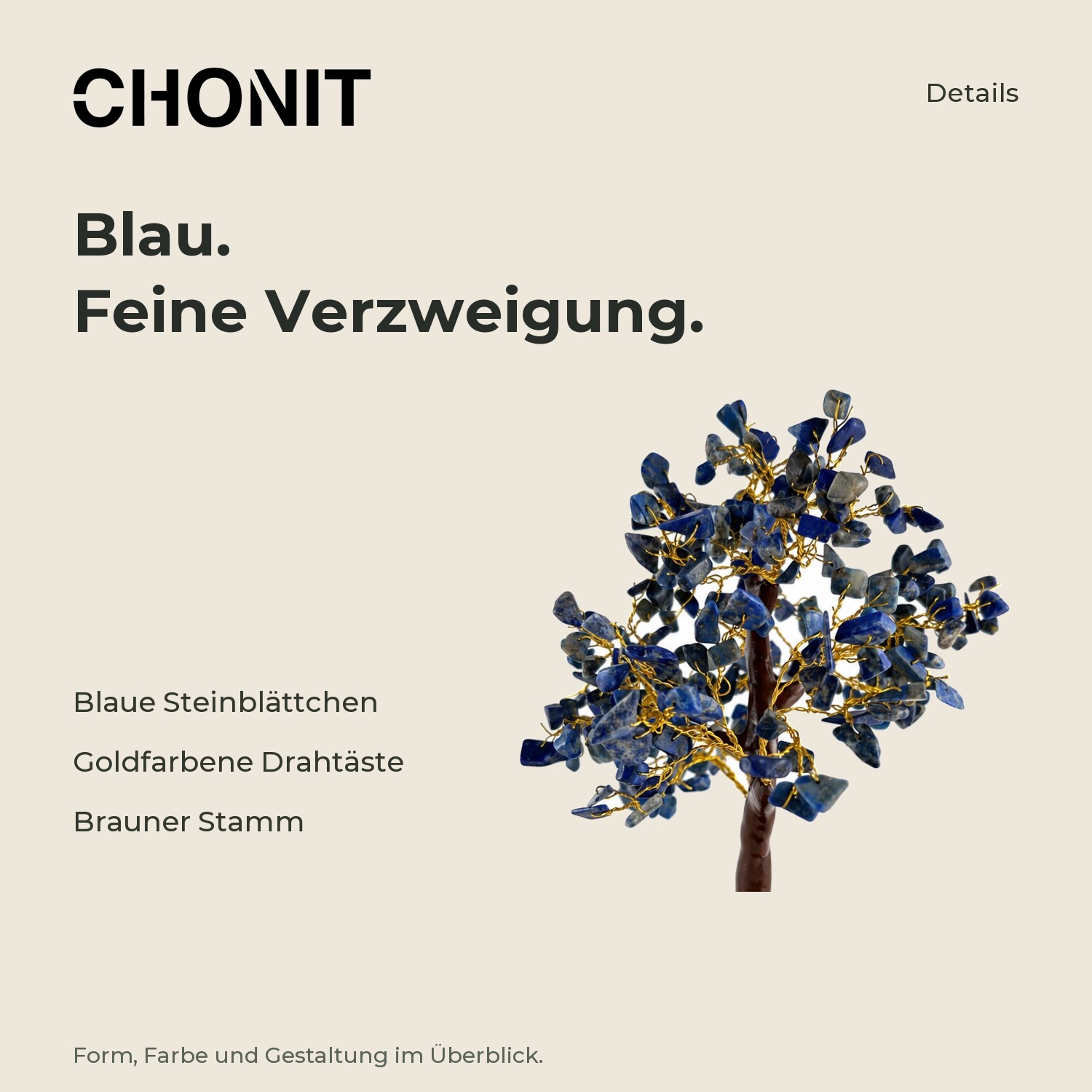 CHONIT Deko-Baum mit blauen Steinblättchen – Produktdetails im CHONIT-Design