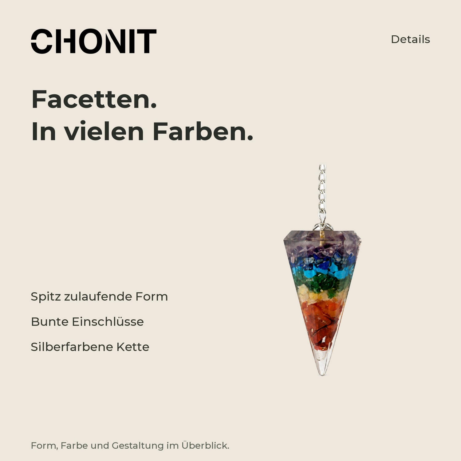 CHONIT Facettiertes Deko-Pendel mit bunten Einschlüssen und Kette – Produktdetails im CHONIT-Design