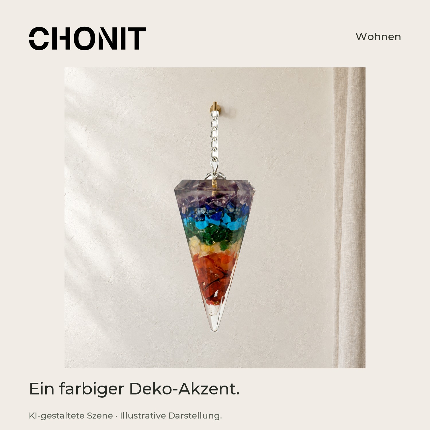 CHONIT Facettiertes Deko-Pendel mit bunten Einschlüssen und Kette – in einer gestalteten Wohn- oder Studioszene