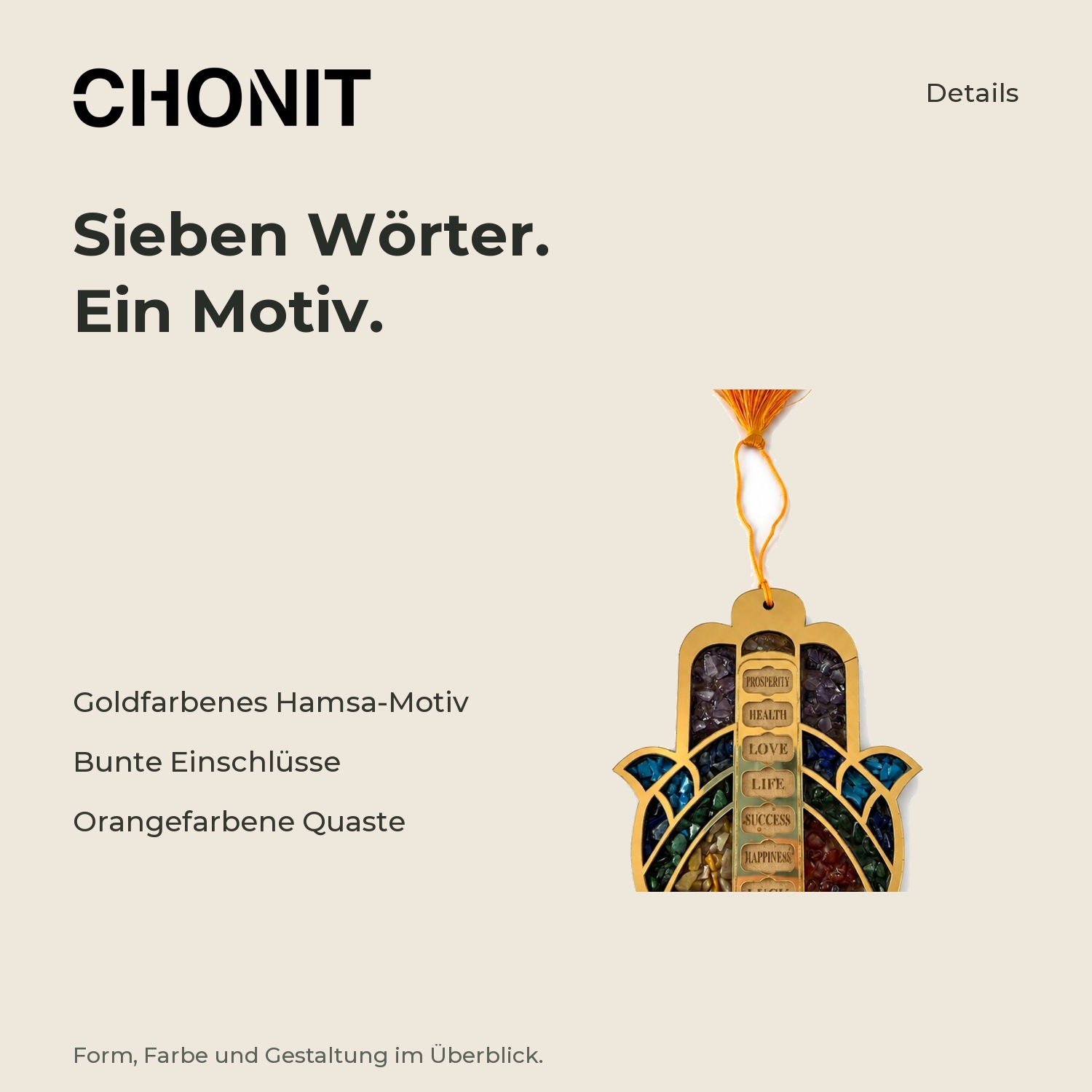 CHONIT Goldfarbenes Hamsa-Dekoemblem mit sieben Wörtern – Produktdetails im CHONIT-Design