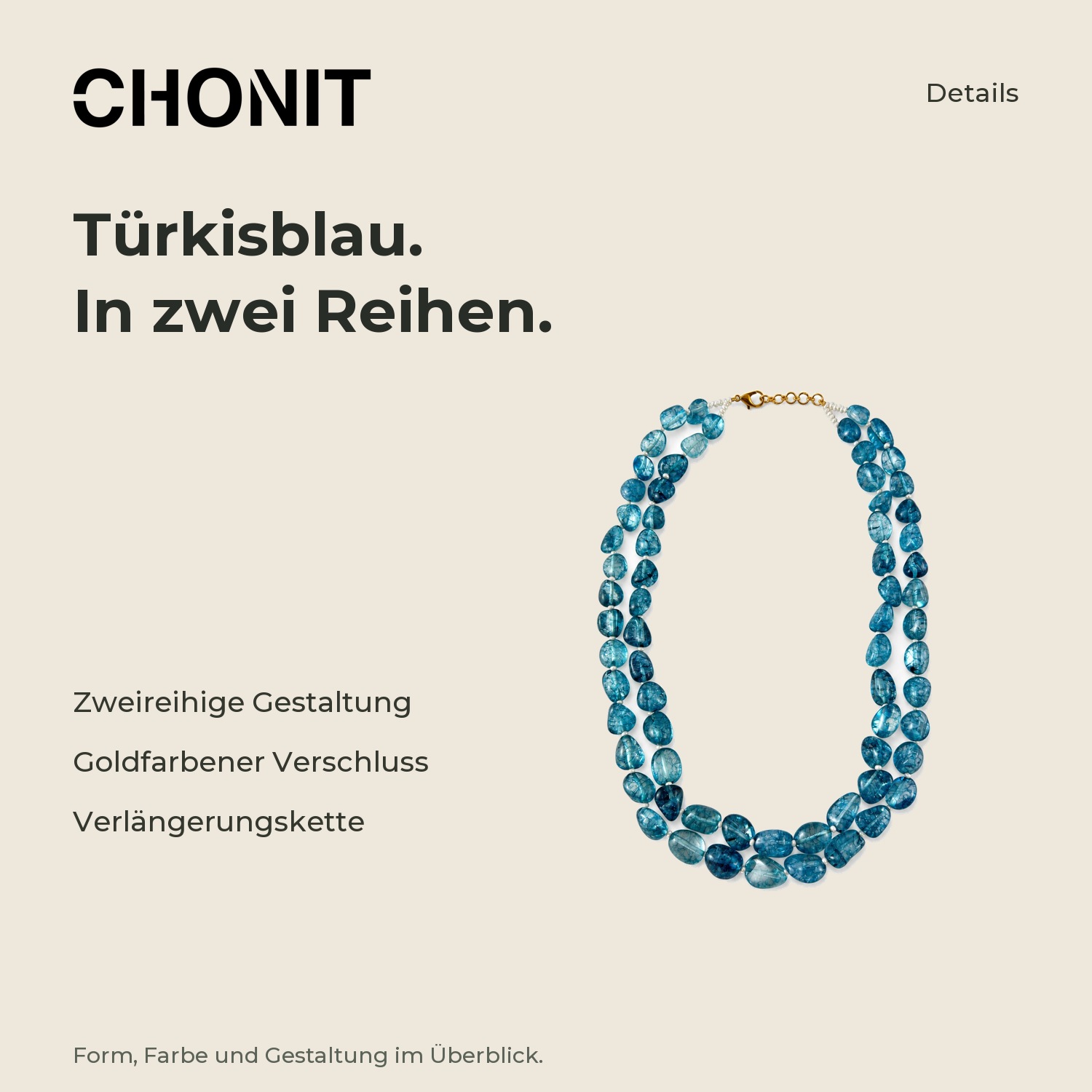 CHONIT Zweireihige Halskette in Türkisblau mit goldfarbenem Verschluss – Produktdetails im CHONIT-Design