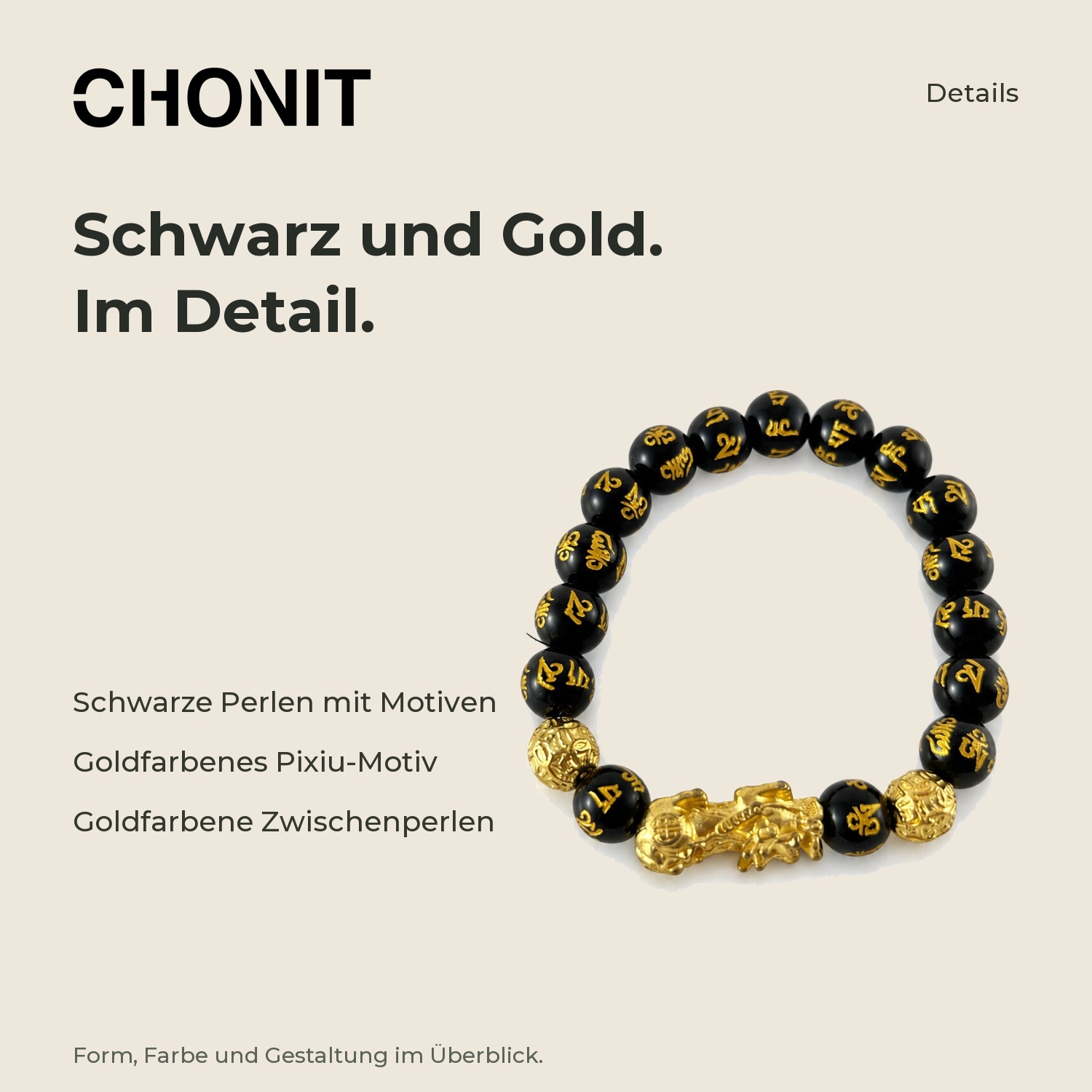 CHONIT Schwarz-goldfarbenes Perlenarmband mit Pixiu-Motiv – Produktdetails im CHONIT-Design