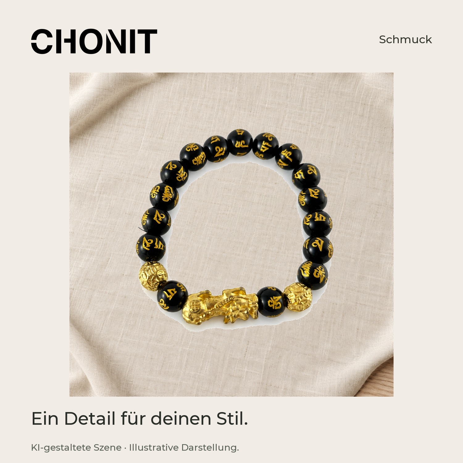 CHONIT Schwarz-goldfarbenes Perlenarmband mit Pixiu-Motiv – in einer gestalteten Wohn- oder Studioszene