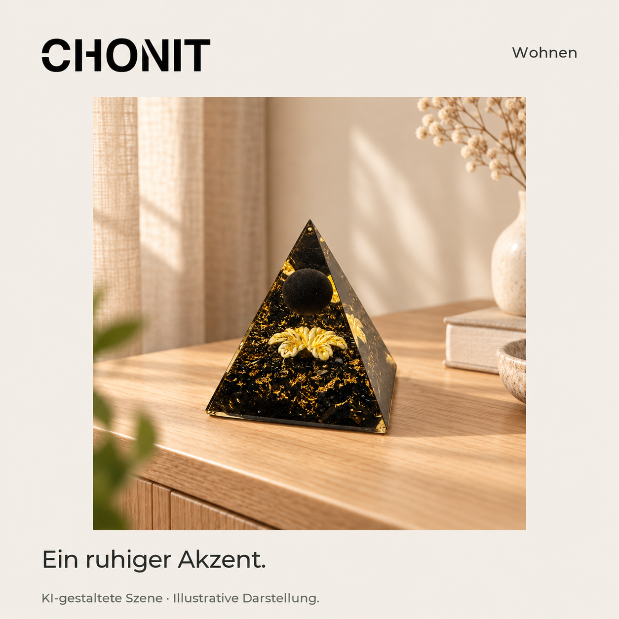 Schwarz-goldene CHONIT Pyramide mit schwarzer Kugel und Blütenmotiv auf einer Holzkommode in illustrativer Wohnszene
